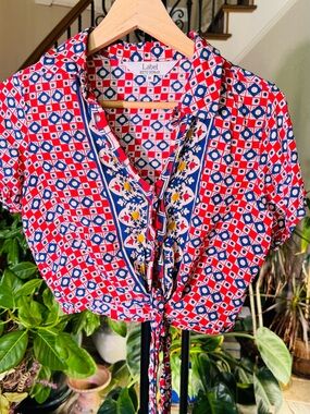 Ritu Kumar Red, Blue and White Printed Tie-Front Crop Top